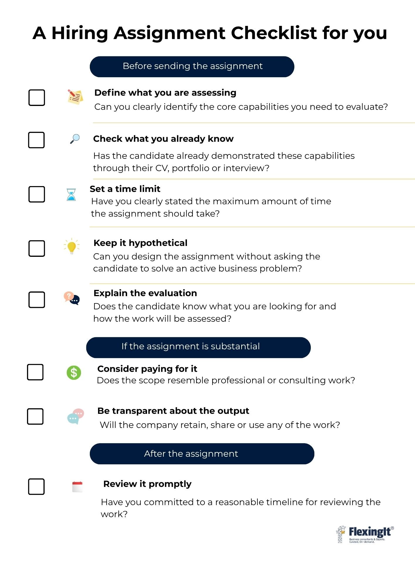 A Hiring Assignment Checklist for you Before sending the assignment Define what you are assessing Can you clearly identify the core capabilities you need to evaluate Check what you already know Ha