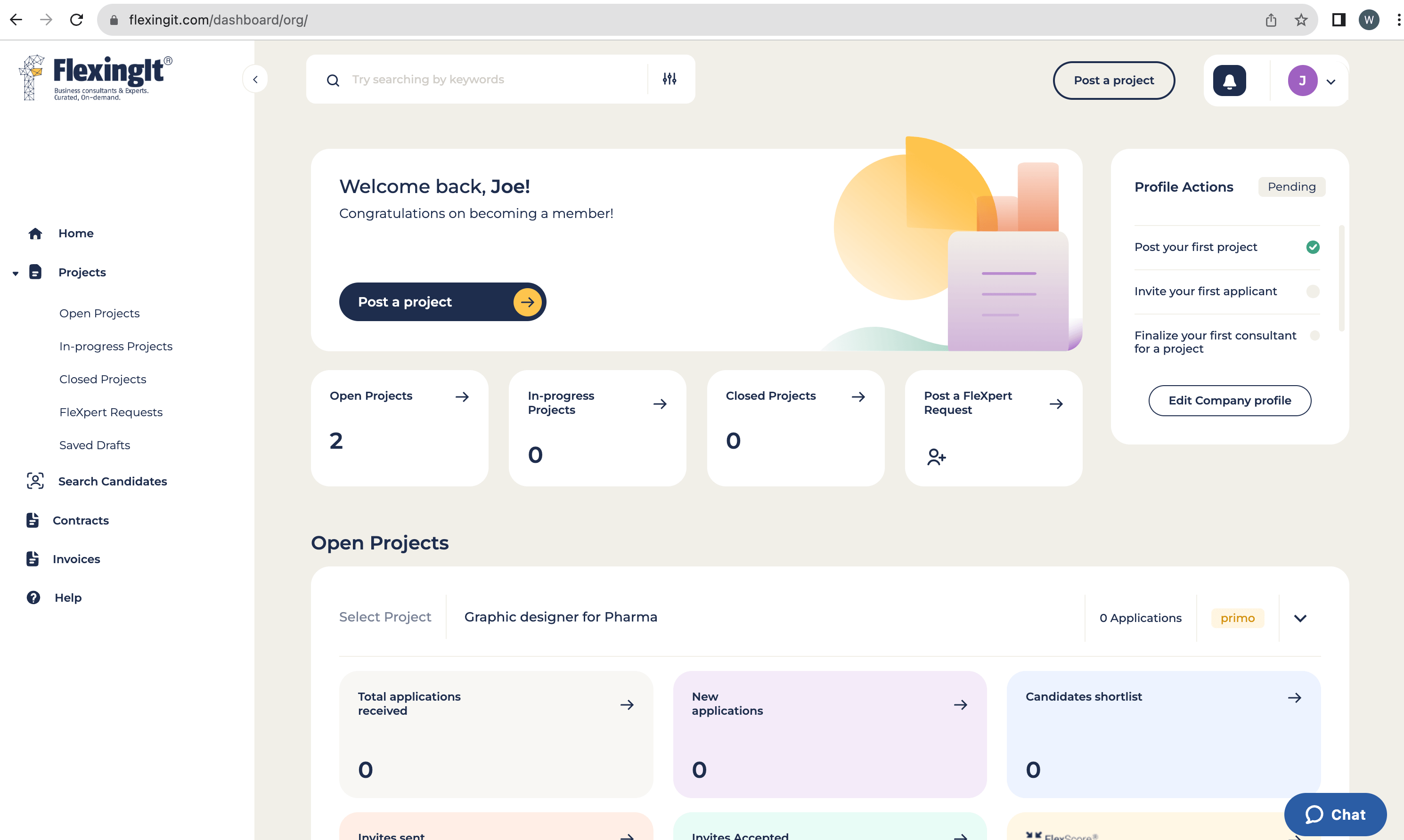 The image shows where the Post a Project button is located on the Flexing It dashboard to hire the best consultants for your project