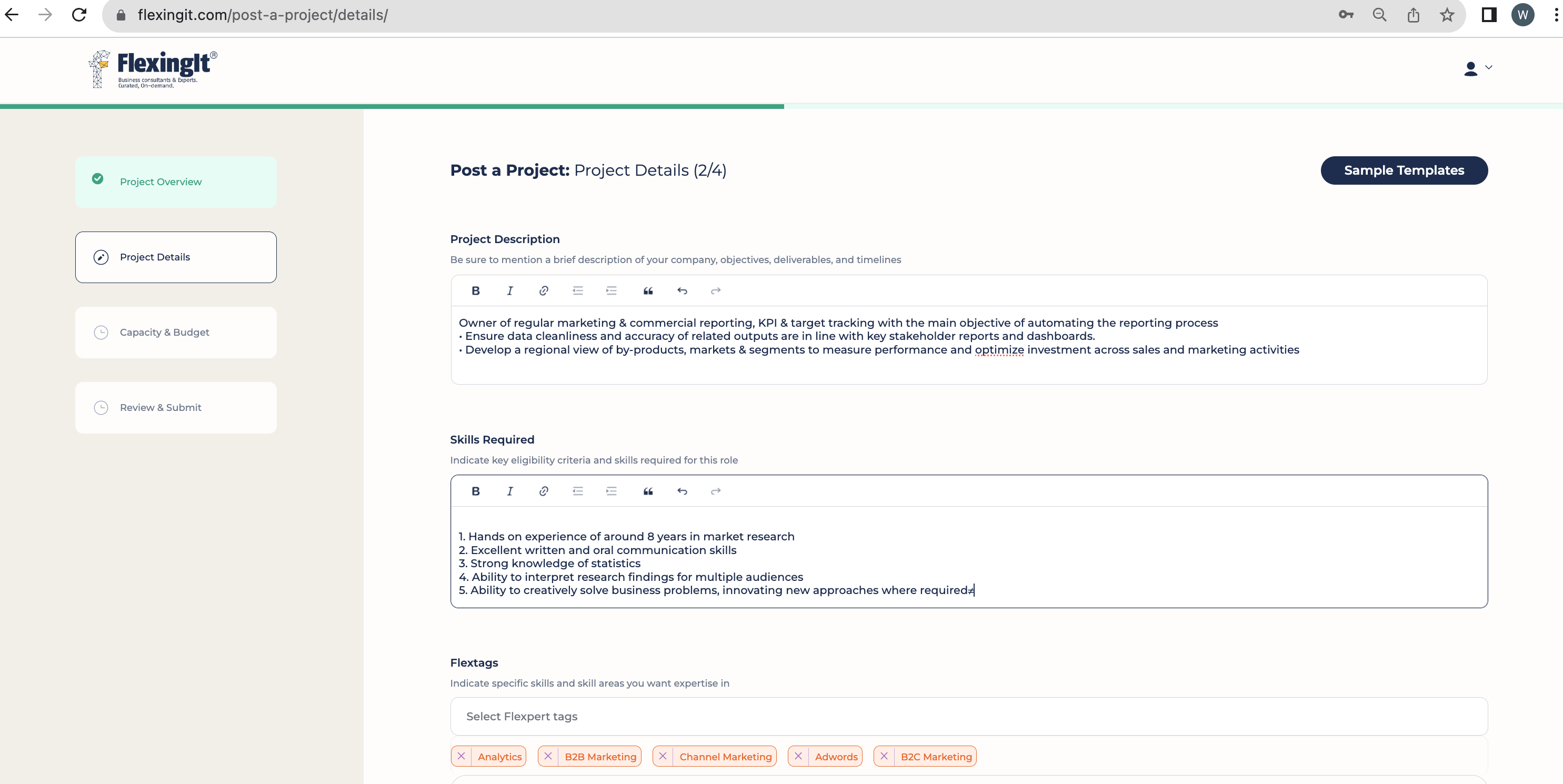 The image shows how to write project details with skills required on Flexing It -The best consultant hiring platform for clients