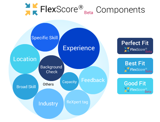 FlexScore: A heuristic that identifies the degree of ‘match’ for an assignment based on parameters such as sub-skills specified, similar positions held, experience, industry and location and divides the applications based on the underlying score into Perfect Fit, Best Fit and Good Fit.